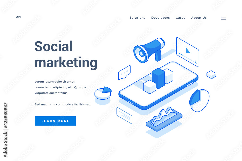 Wall mural blue and white icons of mobile phone and online apps in template of web homepage offering to learn m