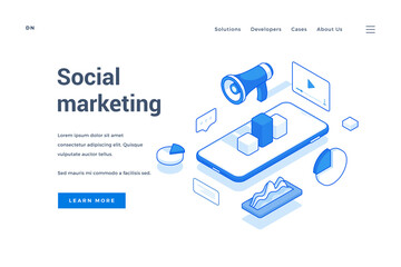 Blue and white icons of mobile phone and online apps in template of web homepage offering to learn more about social marketing strategies. Isometric web banner, landing page template
