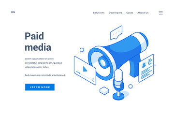 Modern website homepage with blue elements of megaphone and social media resources for paid media information presentation. Isometric web banner, landing page template