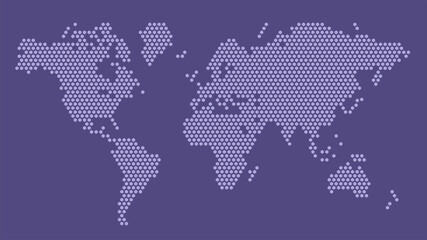 Purple hexagonal pixel world map. Vector illustration planet Earth continents hexagon map.