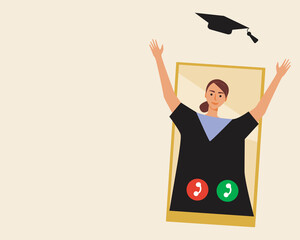 Woman graduate happy, isolated copy space template, flat vector stock illustration online Graduate by video communication via phone, smartphone