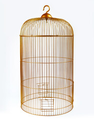 Gold metal birdcage, decorative tall birdcage on white isolated background. Front view