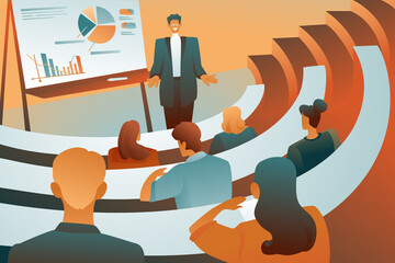 Characters students at their desks take notes a male teacher at the blackboard tells a lecture. Infographics on the blackboard, educational concept, modern design. Modern office, educational lectures.