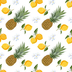 Pineapple fruits, lemons, flowering fruits. Seamless patterns. Summer tropical fruits for a healthy lifestyle. Vector illustration of cartoon flat icon isolated on white. Organic food. 