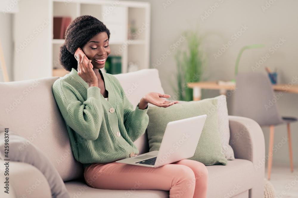 Sticker Portrait of attractive cheerful girl assistant sitting on divan using laptop calling client contact support at house flat indoor living-room