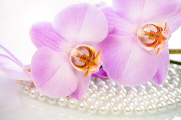 Fototapeta na wymiar pearl and purple orchid on a white glas 
