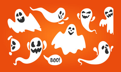 Cute ghost characters flat style design vector illustration set isolated on orange background. Halloween boo spooky symbol flying above the ground.