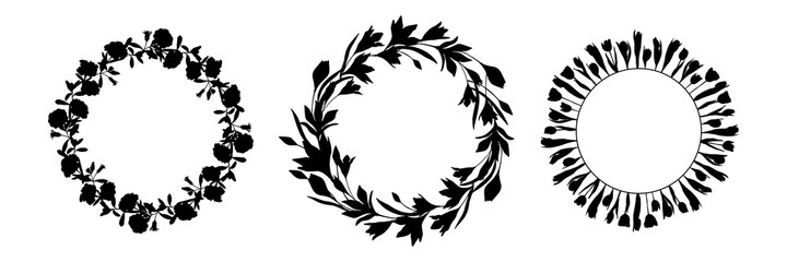 Set of vector wreaths in black ink on a white background. Flowers and herbs are hand-drawn. Natural plants from leaves, roses, lilies. Botany and flora. Round design for medicine, postcards, cosmetics