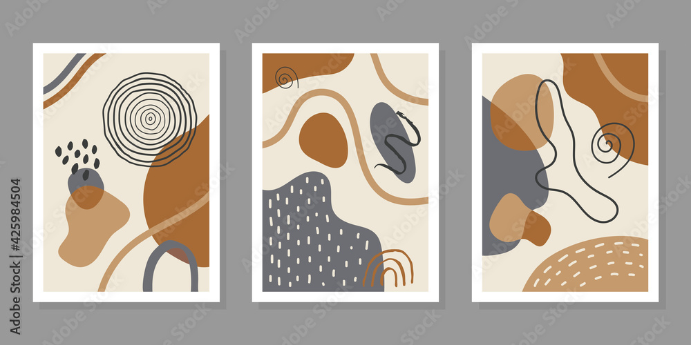 Poster Modern vector set of abstract backgrounds with colorful geometric shapes, stains and line. Minimalistic creative hand drawn design for home decor, wall art, social media