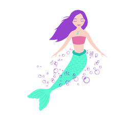 Obraz na płótnie Canvas Cute mermaid with purple hair and bubbles.