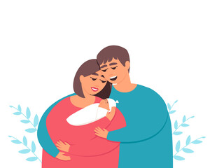 Parents lovingly look at their newborn sleeping baby. Newborn in mom's arms. Sweet baby sleeps sweetly. Family day card. Flat vector illustration.