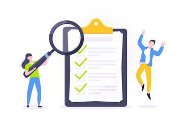 Checklist complete business concept tiny people with magnifying glass working nearby giant clipboard, task done and check mark ticks flat style design vector illustration isolated white background.