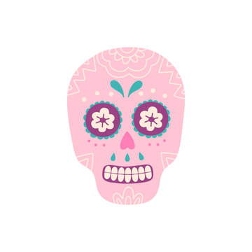 Ornamental sugar skull, symbol of dia de los Muertos, day of the death. Hand drawn festive ethnic element. Vector illustration, graphic design isolated on white background