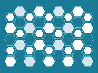 Abstract blue technological sci-fi futuristic geometric business background. Brand display wall with white hexagon. Honeycomb product advertisement billboard. Chemical molecular equation.