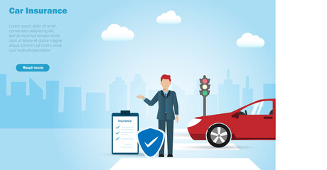 Car on street with insurance agent  under protection from insurance policy. Car accident, traveling and car insurance concept.