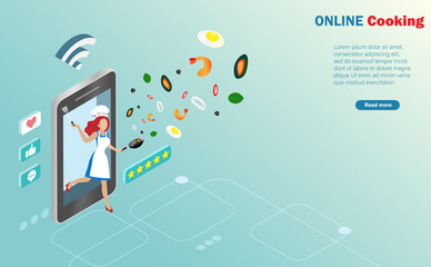 Online cooking streaming broadcast. Woman cooking on smartphone screen with food ingredients and social network connecting icons.