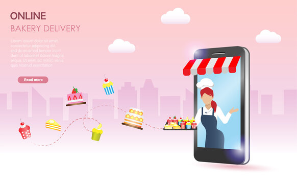 Online food and bakery delivery concept. Woman chef holding cup cakes and bakery tray on smartphone screen with spreading of bakery and cakes.