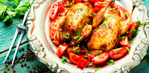 Baked quail and vegetable salad on a plate