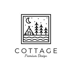 winter cottage minimalist line art badge logo template vector illustration design. simple minimalist cottage, lodge, housing emblem logo icon concept