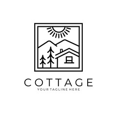 line art cottage house vector symbol illustration with mountain view logo design