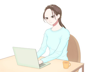 ノートパソコンでテレワークする若い女性