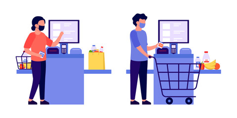 Self checkout shop. Man and woman paying for products at electronic device. Self-service cashier on terminal with scanner. Cash machine with monitor. Vector flat illustration