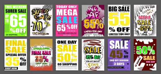 Sale tag design badge set. Discount abstract banner collection. Special offer, flash sale concept stickers. Clearance graphic messages. Violet, purple, yellow colors. Vector illustration.
