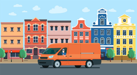 Obraz na płótnie Canvas Cargo van with a driver in a medical mask against the background of an abstract cityscape. Vector flat style illustration.