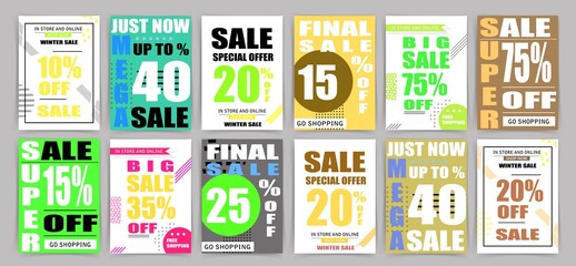 Sale tag design badge set. Discount abstract banner collection. Special offer, flash sale concept stickers. Clearance graphic messages. Violet, purple, yellow colors. Vector illustration.