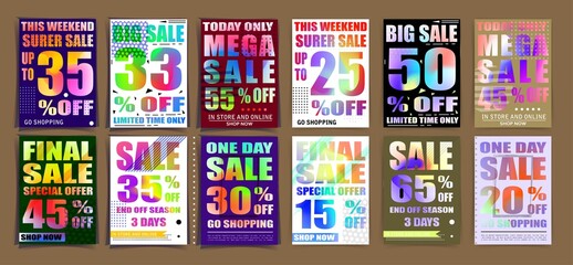 Sale tag design badge set. Discount abstract banner collection. Special offer, flash sale concept stickers. Clearance graphic messages. Violet, purple, yellow colors. Vector illustration.