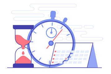 Time management illustration with elements of planning and scheduling. Clock, stopwatch, calendar, hourglass. Flat vector illustration