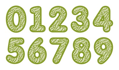 Set of numbers with leaf pattern. Spring or summer font with floral ornaments. Decorative element for eco sign, logo, icon. Green digit on a white background. Flat style. Vector illustration.