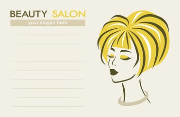 Beauty salon business card. Face of a beautiful woman with yellow hair on a light beige background, lines for text. Template for hairdressing salons, spas and make-up salons, women's clubs. Vector.