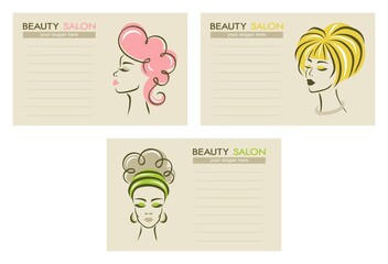 Set of beauty salon business cards. Face of a beautiful woman on a light beige background, lines for text. Template for hairdressing salons, spas and make-up salons, women's clubs. Vector illustration