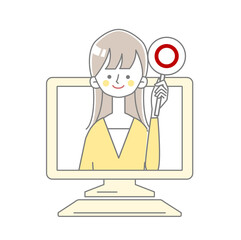 パソコンから丸のサインを持っている女性が飛び出しているイラスト