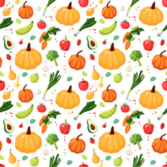 Seamless repeating pattern with vegetables, fruits and berries. Bright pumpkins on a white background. Vector illustration. Decor for restaurants and kitchens.