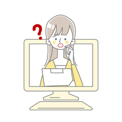 パソコンから不安そうな女性が飛び出しているイラスト