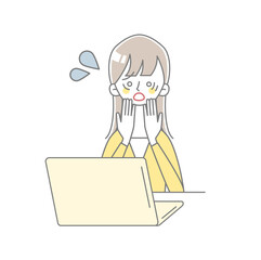 ノートパソコンの前で困っている女性
