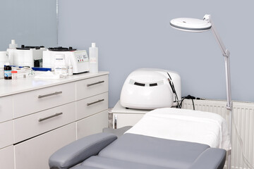 Modern cosmetologist cabinet. Interior of beauty center. Beauty industry.