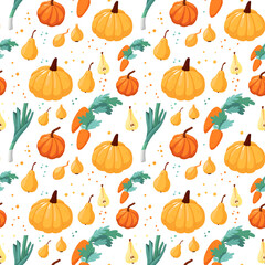 Seamless pattern with autumn harvest. Green, yellow and orange colors. Vector illustration of vegetables and fruits isolated on white background. Pumpkins, onions, carrots, pears, multi-colored dots
