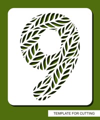 Stencil with the number nine - 9. Carved floral pattern of leaves, twigs. Eco sign, number, oval symbol. Plant, environment theme. Template for laser plotter cutting of paper, cardboard, plastic, cnc.
