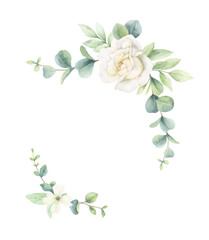 Watercolor vector wreath of green branches and flowers.