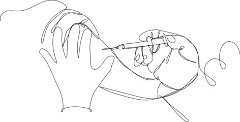 Vector illustration of the act of vaccination: hands of the doctor administering a dose of Covid-19 vaccine with a syringe into the muscle of the arm. Concept of Covid-19 pandemic spread prevention