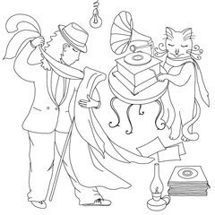 Сoloring page. A cat turns the handle of the gramophone. Girl dancing tango. Cartoon picture of a cat and a girl. Raster illustration
