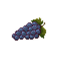 Pixel art blue grapes icon. Isolated pixel bunch of grapes symbol. Pixelated vector grape art on white background. 8 bit gaming style grapes icon for web and game design. Pixel blue grapes and leaf