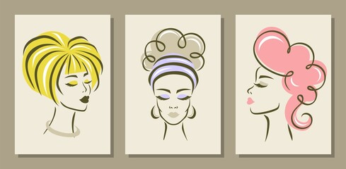 Set of three abstract posters with women. Paintings for decorating the interior of a hairdresser, beauty salon. Heads, faces of girls with pink, yellow hair, long eyelashes, beautiful eyebrows, lips.