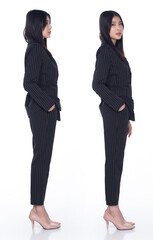 Asian Woman black hair stand 360 turn rear side back view isoalted