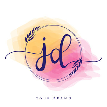 JD Initial handwriting logo. Hand lettering Initials logo branding, Feminine and luxury logo design isolated on colorful watercolor background.