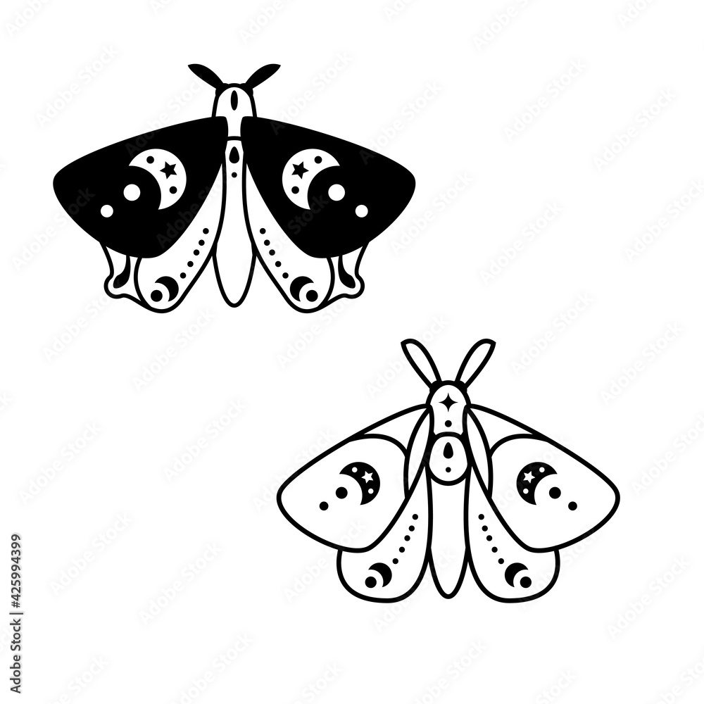 Wall mural Hand drawn celestial moths. Magical outline clipart of insect. Alchemy, magic, esoteric, occult style symbols