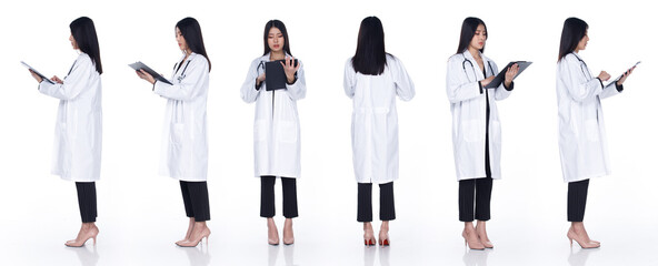 Doctor Female stands holding files and turns 360 around full length